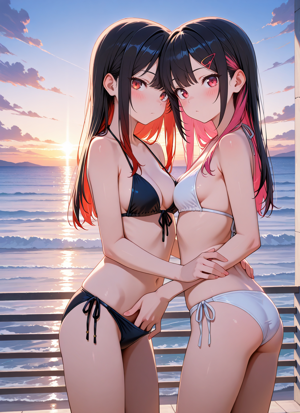masterpiece,best quality,absurdres,highres,very aesthetic,high quality,detailed,insanely detailed,beautiful,perfect lighting, looking at viewer, very awa
2girls, multiple girls, long hair, blush, multicolored hair,  medium breasts,  bikini, ocean, outdoors, standing, upper body, one girl look back,
 <lora:privet-move:1> one hand in panties, hand on other anal,
cowboy shot,, <BREAK> , masterpiece, amazing quality, best quality, ultra-detailed, 8K, illustration, CG, anime coloring,