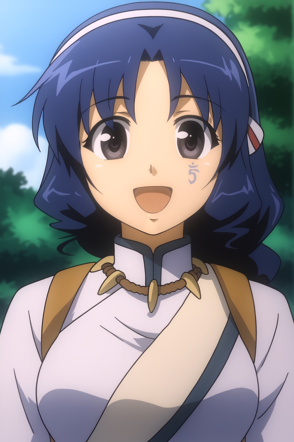 <lora:Rana:0.8> white background, Rana, rating all, looking at viewer, solo, long hair, smile, open mouth, jewelry, blue hair, upper body, braid, hairband, necklace, tree, anime coloring