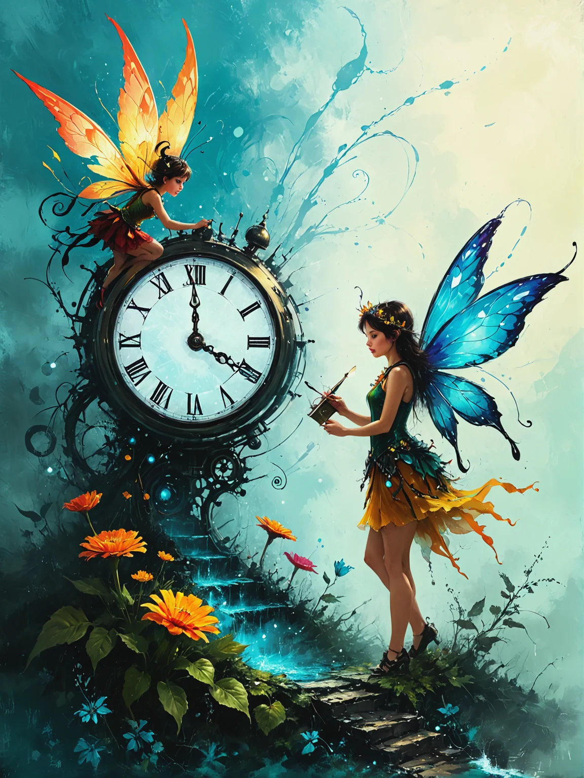 Time-keeping fairies tinker with reality's clockwork, ultra-fine digital painting, <lora:xl_more_art-full_v1:0.3>, <lora:Desolation:0.6> <lora:gorgoeus_splash_of_vibrant_paint:0.7> Gorgeous splash of vibrant paint