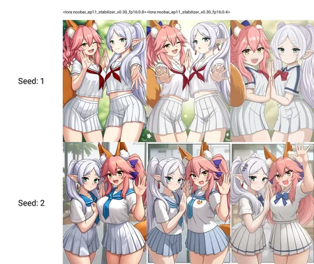<lora:noobai_ep11_stabilizer_v0.30_fp16:0.8>2girls,tamamo \(fate\),pink hair,frieren,white hair,hair ornament,high five,school uniform,cowboy shot,looking at viewer,