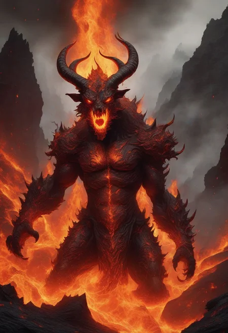 ferrous fire breathing, ghoulish, ghastly horned elemental in a hellish fiery lava filled environment. OverallDetailXL decimating everything in rage all around it