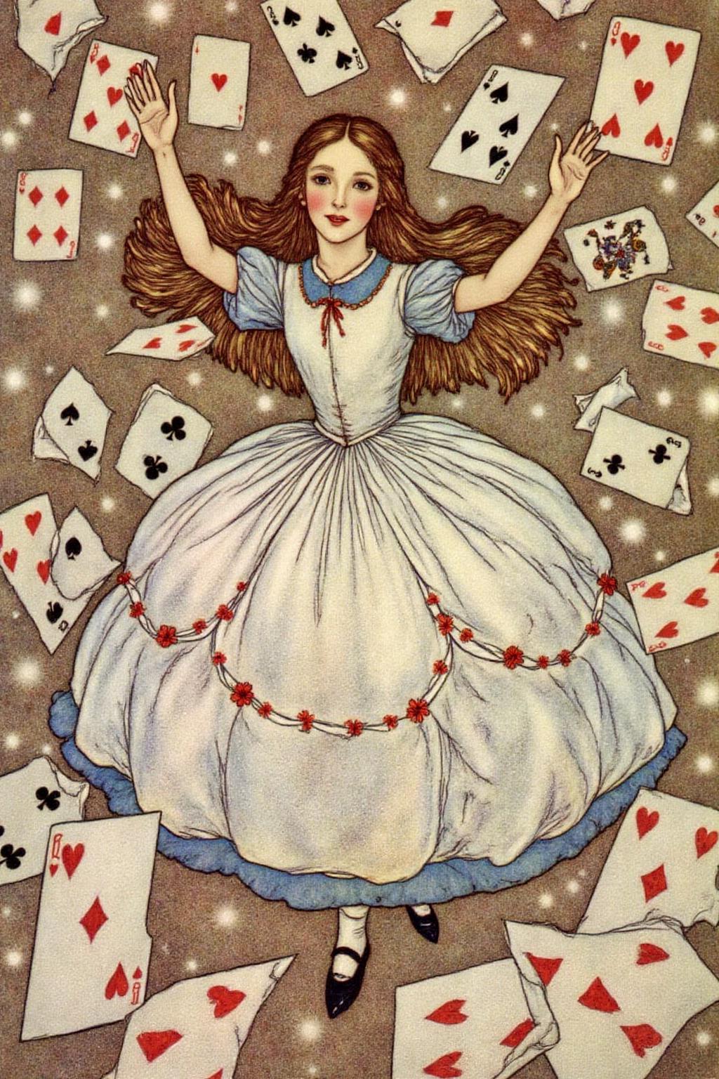 dulac1 illustration. 
A scene from  "Alice's Adventures in Wonderland." The central figure is a young girl, Alice, with long, flowing brown hair, wearing a white dress adorned with small red flowers. She appears to be in mid-motion, as suggested by her raised arms and the scattered playing cards flying around her. The cards are a mix of hearts, diamonds, clubs, and spades, which are depicted in a chaotic, swirling pattern around her, adding to the sense of disarray and wonder. 
 <lora:dulac2_cap_d6a3e15:1.0><lora:816537119351672655:0>