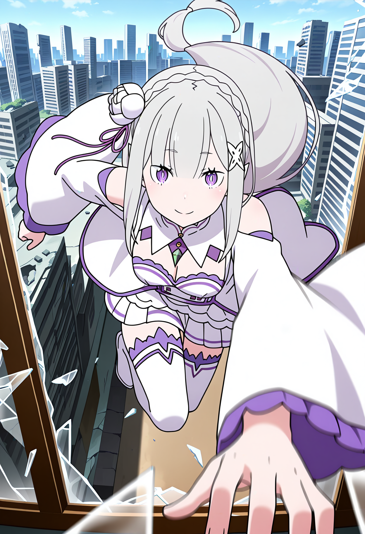 masterpiece, best quality, high resolution, source_anime, highly detailed illustration, detailed eyes,  
very aesthetic, absurdres, newest, amazing quality, 
1girl, solo, re:zero kara hajimeru isekai seikatsu, anime screencap, anime coloring, 
<lora:shiEmiliaV12ill:1> shimilia, long hair, grey hair, purple eyes, pointy ears, crown braid, hair flower, hair ribbon, purple ribbon, x hair ornament, white dress, cleavage, bare shoulders, wide sleeves, white thighhighs, thigh boots,
looking at viewer,
<lora:shiJumpingWindowV1ill:1>, shijumpwindow, breaking through window, broken glass, glass, glass shards, 
jumping, window, broken window, 
building, skyscraper, city, sky, 
ruins, ceiling, debris, crack, indoors, 
full body, floating hair, 
foreshortening, smile, 
motion blur, emphasis lines,