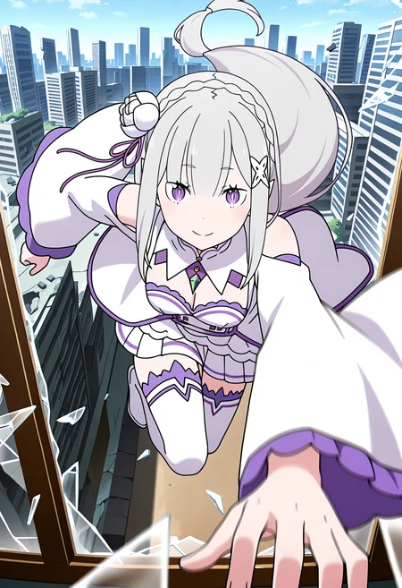 masterpiece, best quality, high resolution, source_anime, highly detailed illustration, detailed eyes,
very aesthetic, absurdres, newest, amazing quality,
1girl, solo, re:zero kara hajimeru isekai seikatsu, anime screencap, anime coloring,
<lora:shiEmiliaV12ill:1> shimilia, long hair, grey hair, purple eyes, pointy ears, crown braid, hair flower, hair ribbon, purple ribbon, x hair ornament, white dress, cleavage, bare shoulders, wide sleeves, white thighhighs, thigh boots,
looking at viewer,
<lora:shiJumpingWindowV1ill:1>, shijumpwindow, breaking through window, broken glass, glass, glass shards,
jumping, window, broken window,
building, skyscraper, city, sky,
ruins, ceiling, debris, crack, indoors,
full body, floating hair,
foreshortening, smile,
motion blur, emphasis lines,