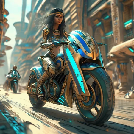 pharaotech a girl on a futuristic motorcycle rides through the streets of an ancient robot city, very detailed, expressive, cinematic<lora:pharaotech:0.8>