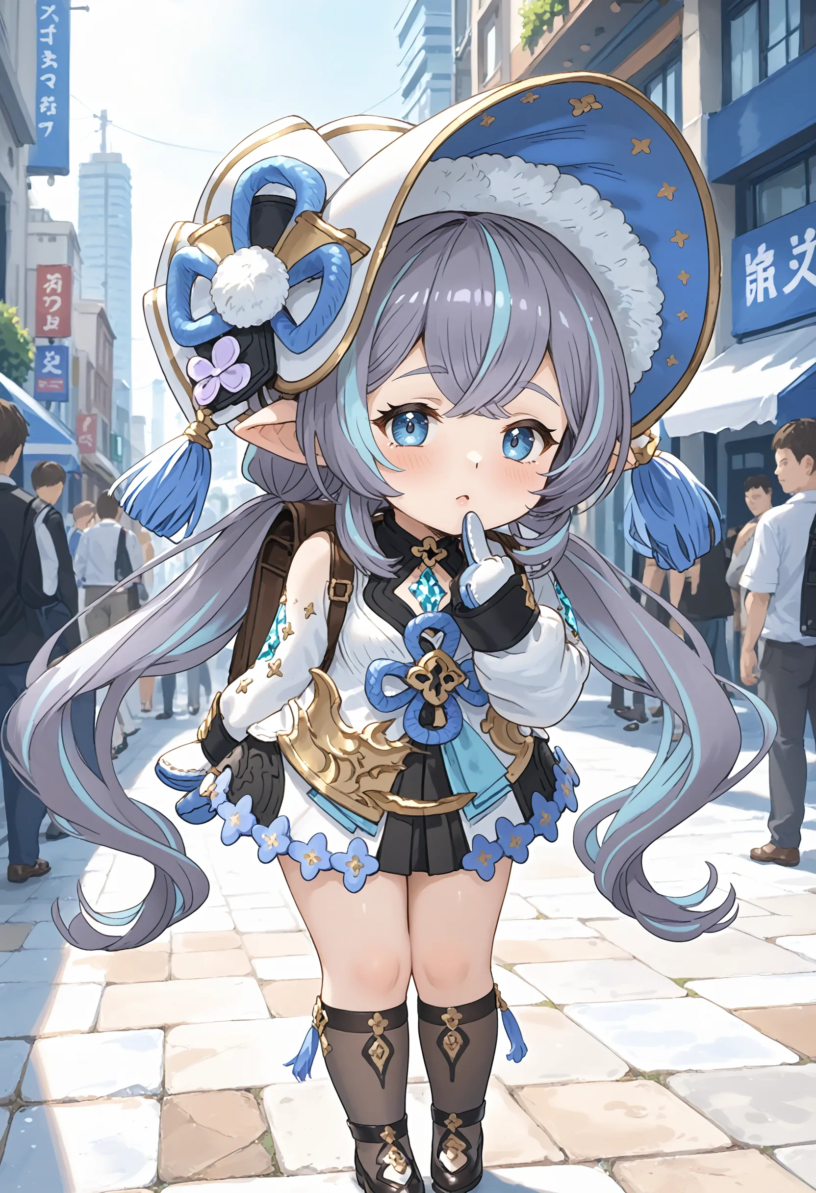 1girl, short stack, uruki \(granblue fantasy\), harvin, purple hair, multicolored hair, low twintails, blue eyes, bonnet, hat tassel, dress, long sleeves, mittens, backpack, footwear, 
standing, hand on own chin, looking at viewer, leaning forward, arm behind back, index finger raised, Guilty, Downcast eyes, slumped shoulders, and a slightly ashamed expression., outdoors, city, japan, audience, crowd, 
<lora:Hyper-SDXL-8steps-lora:1><lora:Fixhands_anime_bdsqlsz_V1:1> zPDXL2,score_9, score_8_up, score_7_up, masterpiece, best quality, absurdres, high resolution, 8k, official art, official style, source_anime, uncensored, anime screencap, anime coloring, megami magazine, (ai-generated:0.6) <lora:GBF-uruki_XL(pony)v10:1> uruki \(granblue fantasy\),