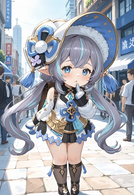 1girl, short stack, uruki \(granblue fantasy\), harvin, purple hair, multicolored hair, low twintails, blue eyes, bonnet, hat tassel, dress, long sleeves, mittens, backpack, footwear,
standing, hand on own chin, looking at viewer, leaning forward, arm behind back, index finger raised, Guilty, Downcast eyes, slumped shoulders, and a slightly ashamed expression., outdoors, city, japan, audience, crowd,
<lora:Hyper-SDXL-8steps-lora:1><lora:Fixhands_anime_bdsqlsz_V1:1> zPDXL2,score_9, score_8_up, score_7_up, masterpiece, best quality, absurdres, high resolution, 8k, official art, official style, source_anime, uncensored, anime screencap, anime coloring, megami magazine, (ai-generated:0.6) <lora:GBF-uruki_XL(pony)v10:1> uruki \(granblue fantasy\),