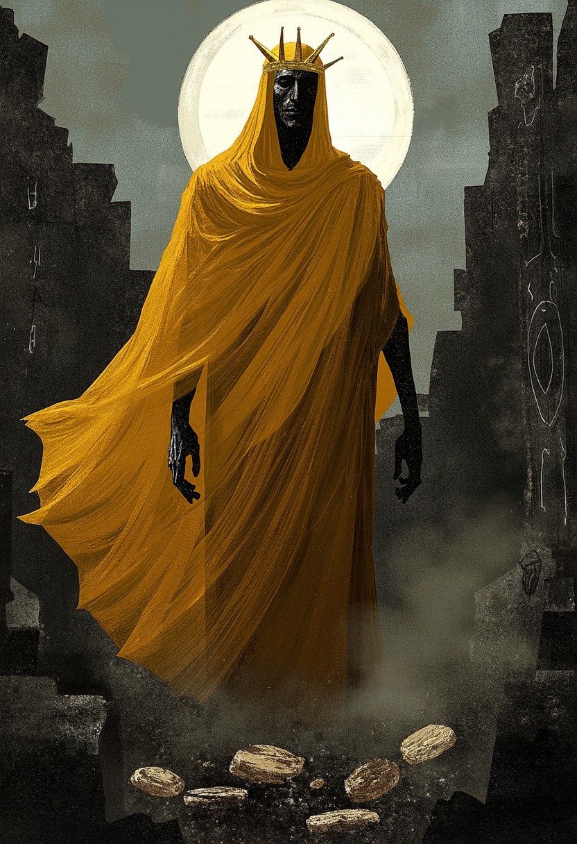gritty poster art. A towering figure stands draped in flowing, tattered yellow robes, his face obscured by a delicate, threadbare veil. His form radiates a quiet, unsettling power, silhouetted against a backdrop of crumbling ruins under a dim, pale moon. The golden crown on his head is jagged and ancient, barely holding together, as if it, too, is decaying with time. Around him, the landscape is barren, shrouded in mist, with fragments of forgotten symbols etched into the ground. His presence feels heavy, as if reality itself bends under the weight of his existence, casting an eerie, melancholic atmosphere over the scene.