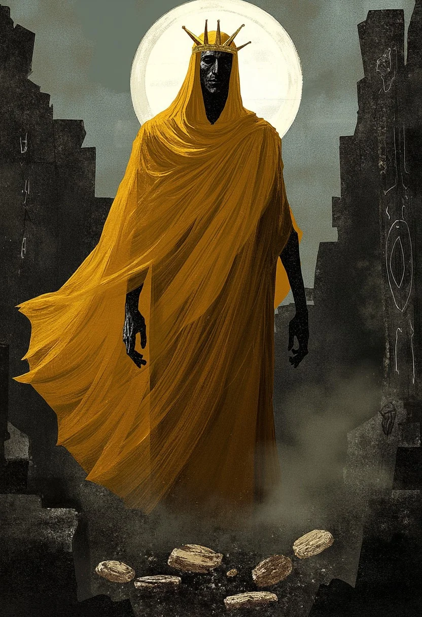 gritty poster art. A towering figure stands draped in flowing, tattered yellow robes, his face obscured by a delicate, threadbare veil. His form radiates a quiet, unsettling power, silhouetted against a backdrop of crumbling ruins under a dim, pale moon. The golden crown on his head is jagged and ancient, barely holding together, as if it, too, is decaying with time. Around him, the landscape is barren, shrouded in mist, with fragments of forgotten symbols etched into the ground. His presence feels heavy, as if reality itself bends under the weight of his existence, casting an eerie, melancholic atmosphere over the scene.