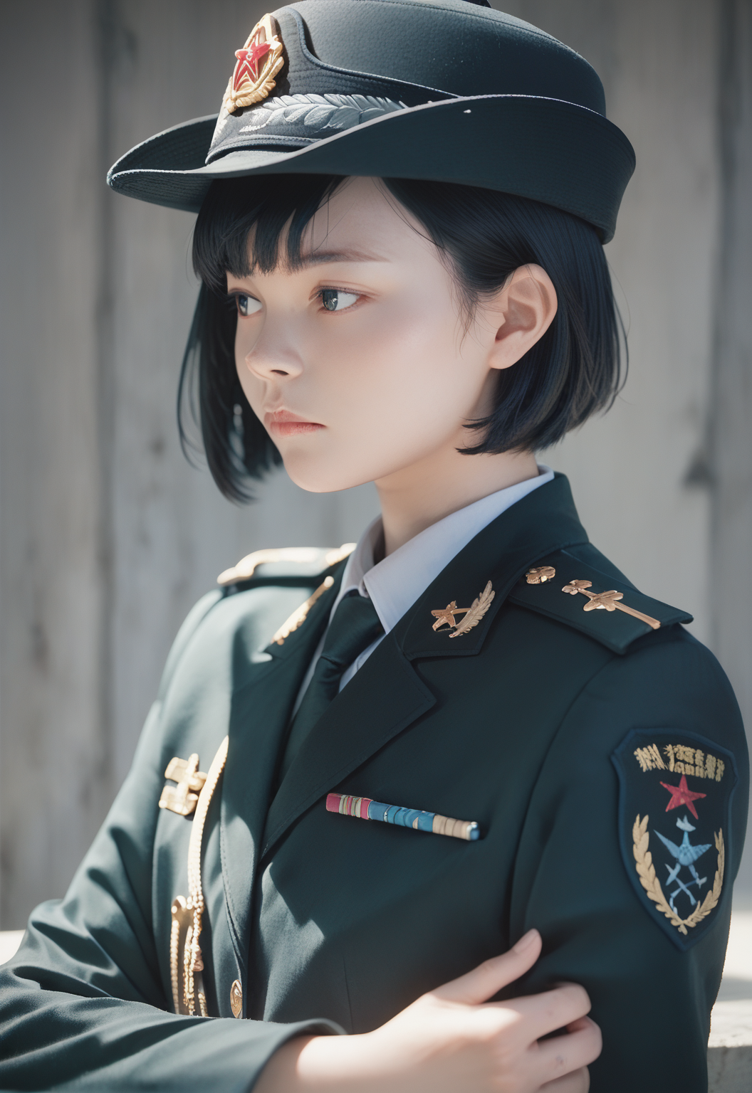 score_9,score_8_up,score_7_up, 2D,
1girl, solo, PLA_female_hat, short hair, black hair,upper body, expressionless, 
<lora:ç¢§èæ¢¦å¹» PSXL å°é©¬é£æ ¼:0.5>, <lora:Vixon's Pony Stylesæ¼«ç»ä¼å:0.6>, <lora:PLAuniformXLæµè¯:0.8>