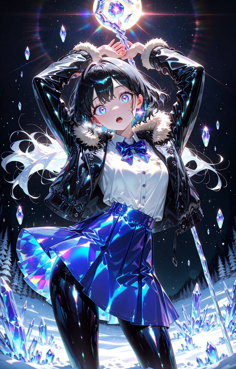 masterpiece, best quality, amazing quality, very aesthetic, absurdres, newest,
ice_crystal,winter,indoor,dark_background, powder snow glitch lens flare moon star \(sky\),
1girl,,bowtie,white_shirt,black_jacket,blue skirt,lace,pantyhose,long_black_hair, facelight, holding staff, arms up ,(head tilt:0.7) contrapposto,
from front very close-up open mouth
looking_at_viewer,glowing,latex,luster,shiny_skin,
{{best_quality}},{{amazing_quality,very_aesthetic}},
masterpiece, best quality, amazing quality, very aesthetic, absurdres, newest, volumetric lighting, <lora:spo_sdxl_10ep_4k-data_lora_webui:1> <lora:holographiccolor:0.85> <lora:USNR STYLE_XL_loha:0.25>