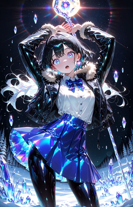 masterpiece, best quality, amazing quality, very aesthetic, absurdres, newest,
ice_crystal,winter,indoor,dark_background, powder snow glitch lens flare moon star \(sky\),
1girl,,bowtie,white_shirt,black_jacket,blue skirt,lace,pantyhose,long_black_hair, facelight, holding staff, arms up ,(head tilt:0.7) contrapposto,
from front very close-up open mouth
looking_at_viewer,glowing,latex,luster,shiny_skin,
{{best_quality}},{{amazing_quality,very_aesthetic}},
masterpiece, best quality, amazing quality, very aesthetic, absurdres, newest, volumetric lighting, <lora:spo_sdxl_10ep_4k-data_lora_webui:1> <lora:holographiccolor:0.85> <lora:USNR STYLE_XL_loha:0.25>