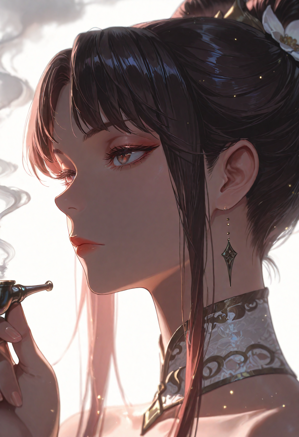 1girl, Gu Xian'er, border,expressionless,flower,hand up,holding,holding smoking pipe,hyur,kiseru,lace collar,portrait,smoke,smoking,smoking pipe,solo, white background,
(Smooth Quality - Illustrious:0.8), masterpiece,best quality,amazing quality, absurdres, (impressionism), ultra-HD, 8k, fit body, highest quality, volumetric lighting, (cinematic composition:1.3), (sharp focus:1.2), (depth of field:1.2), (adult), wide eyes, (mature female:1.2), very aesthetic, smooth image, action lines, motion lines, motion blur, (detailed face and eyes:1.3),
<lora:illustrious_quality_modifiers_masterpieces_v1:0.6>  <lora:ponyv4_noob1_2_adamW:0.4> <lora:FINALE:0.4>  <lora:I_Am_The_Fated_Villain:0.6> <lora:g0thicILL:0.4> <lora:USNR STYLE_XL_loha:0.3>