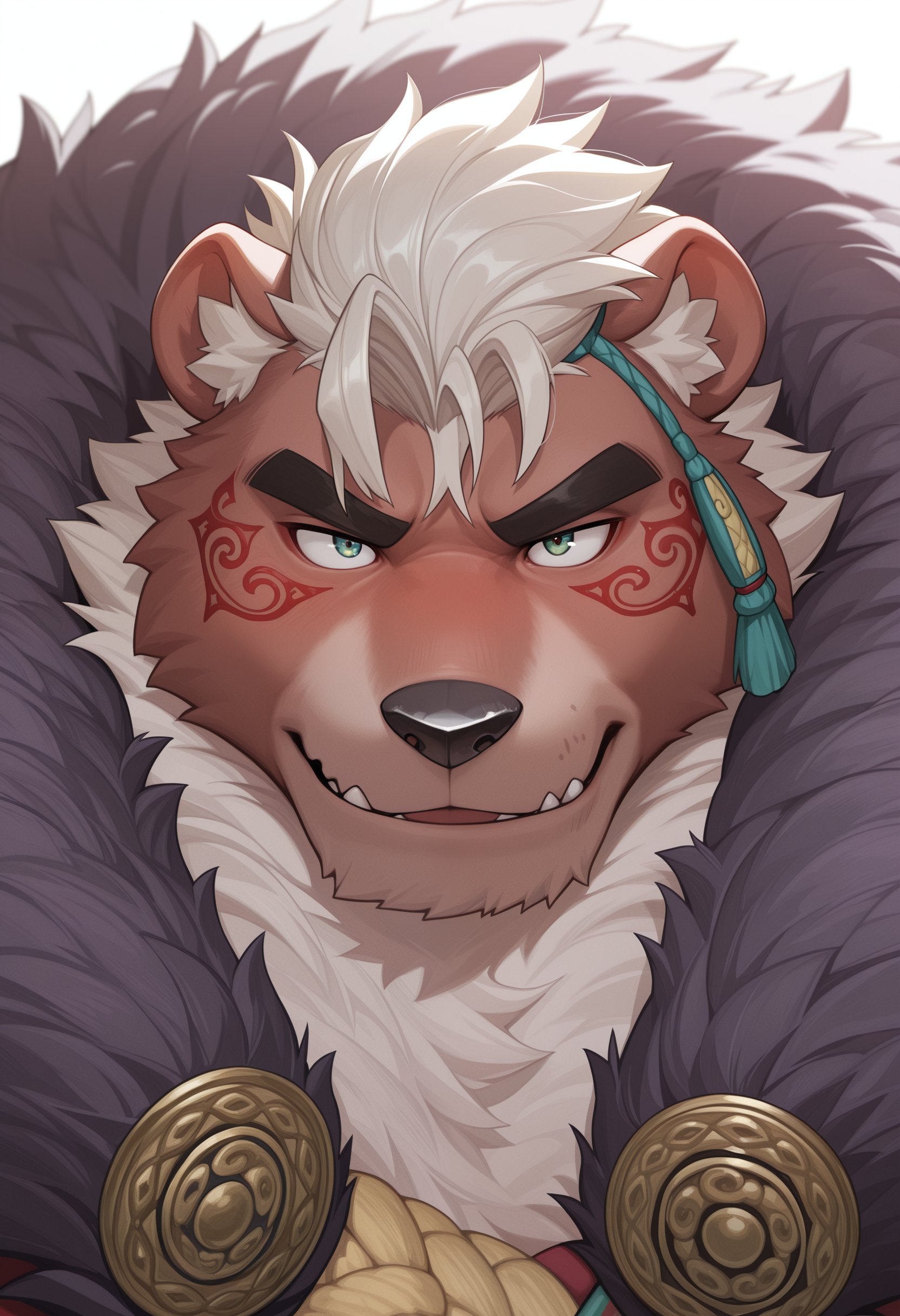 masterpiece, best quality, amazing quality, solo, 1boy, Kimun Kamui, close up, fur cape