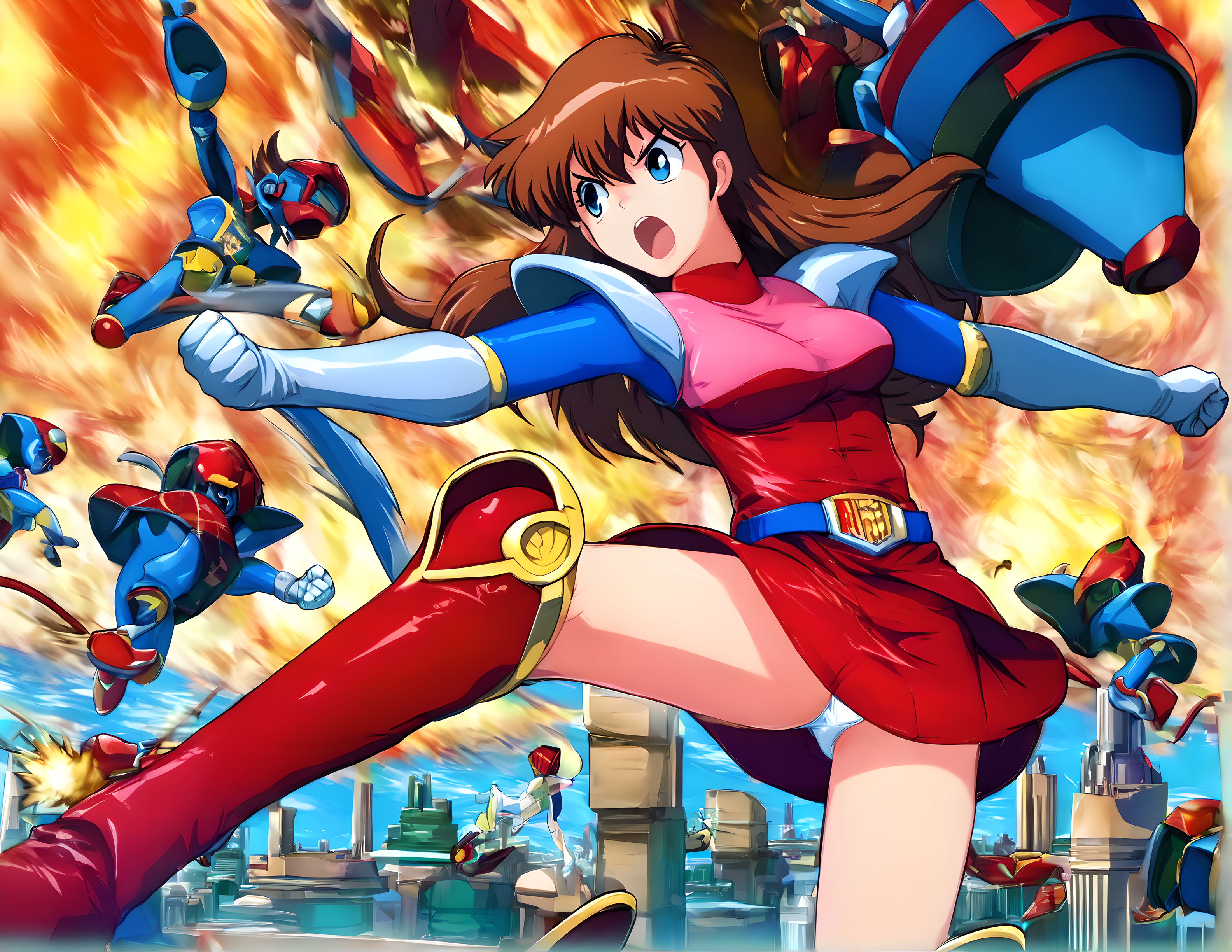 <lora:pony_xl_momo>,momo,1girl,solo,masterpiece,best quality,super fine illustration,bodysuit,short dress,red dress,belt,miniskirt,red skirt,shoulder armor,white gloves,red footwear,knee boots,open mouth,serious,in battle,city,cityscape,devastated city,dusk,gradient_sky,explosion,high_kick,pantyshot,white panties,kicking,surrounded by enemy robots,enemies,robots,hordes of enemies,looming enemy,a group of enemies,from_side,dynamic_angle,