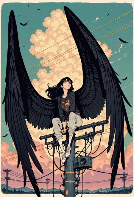 score_9, score_8_up, score_7_up, masterpiece, best quality, very aesthetic, detailed face, (dynamic:1.1), incoth, (incase:0.6), partial illumination, thick linework, illustration, 1girl, d41z3n, harpy girl, huge wings, sitting on landline, sky, black hair, long hair,  feathers, powerline, raven