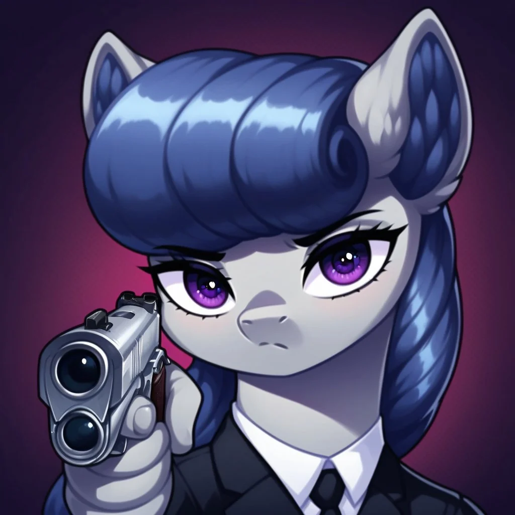 masterpiece, score_9_up, score_8_up, score_7_up, score_6_up, (best quality:1.1), ultra-detailed, high resolution, solo, BigSister, pony, anthro, female, eyebrows, Frown, ((beautiful detailed purple eyes)), long eyelashes, female, fluffy pony ears, gray skin, black mane, big breast, angry facial expression, dressed, black suit, detailed facial features, expressiveh, highly visible, sharp focus, anatomically correct, <lora:HandPointingAGunMeme_XLPD:1> holding weapon, handgun, holding gun, aiming at viewer, revolver, finger on trigger, highly visible, sharp focus, anatomically correct