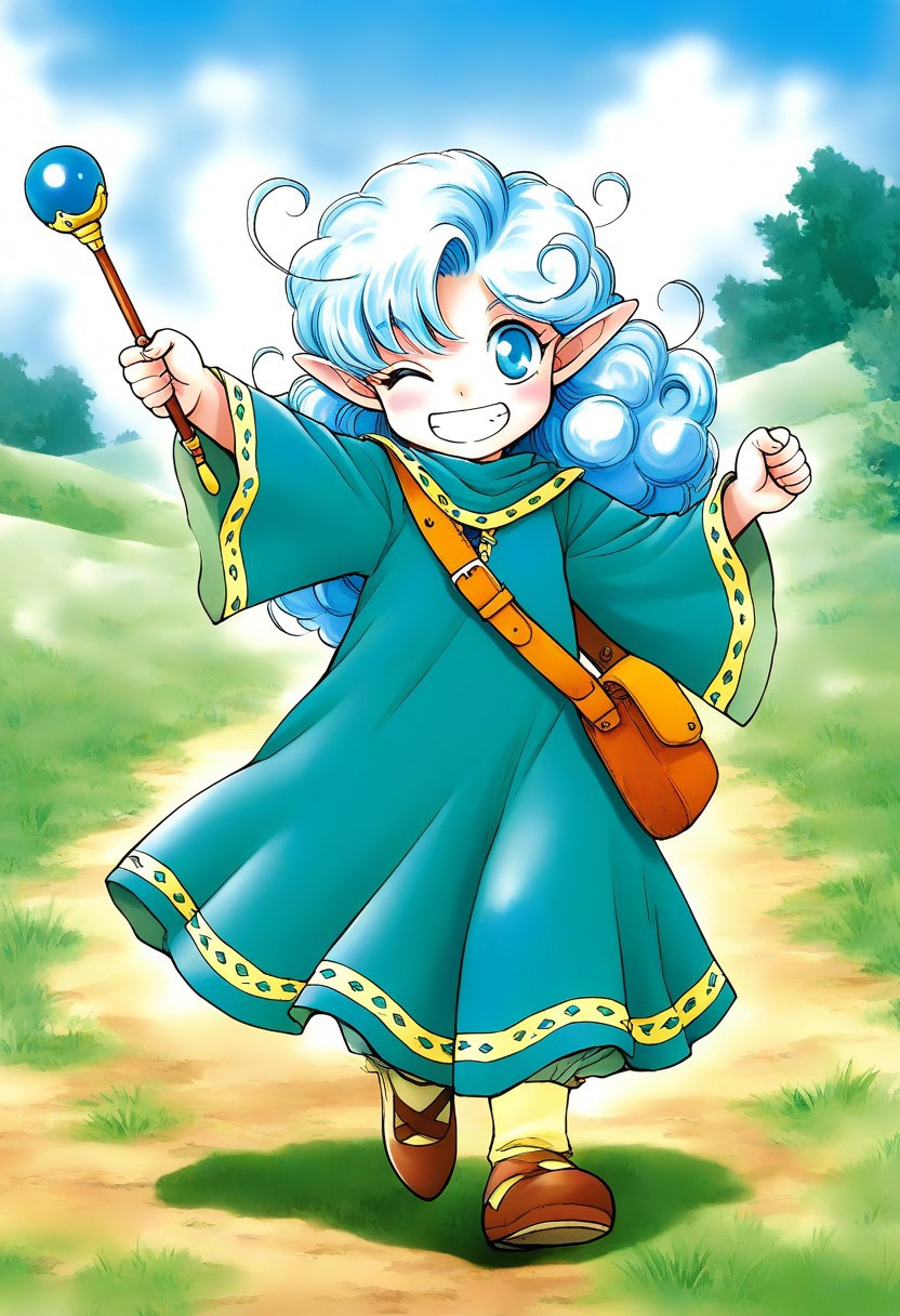 general,highres, ultra-detailed,very aesthetic,best quality ,best hands, BREAK <lora:Rumy_Fortune_Quest_Ver2.0_IS:1>Rumy(Fortune_Quest), 1girl, solo, blue eyes, pointy ears, blue hair, curly hair, ahoge, 
grin, one eye closed,, smile, long sleeves, , blue robe, bag, 
 closed mouth, solo, 1girl, smile, long sleeves, looking at viewer, 
green dress, holding, wand, open mouth, wide sleeves, 
full body, long hair, 
fantasy, sky, grass,