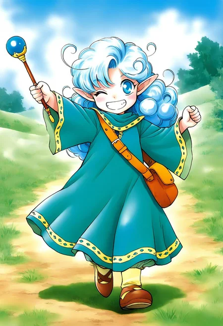 general,highres, ultra-detailed,very aesthetic,best quality ,best hands, BREAK <lora:Rumy_Fortune_Quest_Ver2.0_IS:1>Rumy(Fortune_Quest), 1girl, solo, blue eyes, pointy ears, blue hair, curly hair, ahoge,
grin, one eye closed,, smile, long sleeves, , blue robe, bag,
closed mouth, solo, 1girl, smile, long sleeves, looking at viewer,
green dress, holding, wand, open mouth, wide sleeves,
full body, long hair,
fantasy, sky, grass,
