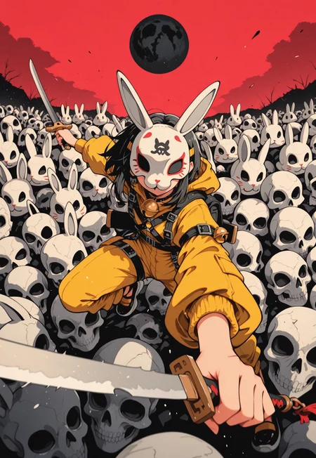 solo, safe, S4bit4mago_illu, [limited palette], androgynous, yellow jumpsuit,
sword, incoming attack, foreshortening, (smear frame), mask on head, skull_mask, extra masks, too many masks, rabbit mask, covered face, bell armlet, harness,
photo background, red sky, black moon,
[khyle., [nocopyrightgirl, moshimoshibe, [qqqrinkappp]]],
masterpiece, absurdres, newest, [dynamic pose]