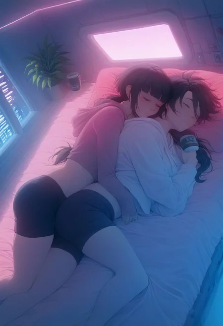score_9,score_8_up,score_7_up,score_6_up, 2girls, both girls in bed, next to each other, both are sleeping, 2 girls are spooning, spooning, spoon cuddling, cuddling, love, loving cuddle,
sleeping in bed next to a large window, eyes closed, sleeping, steaming coffee cup on windowsill,
wearing croptop hoodie, black croptop hoodie,
hoodie, black shorts
long hair, black hair, low ponytail hairstyle, head resting on pillow, laying on the bed, plants on the windowsill, facing viewer, tidy bedroom, small room, cramped bedroom, teddies on the bed, pink pillows, wearing legging, see through thights, black tights, cyberpunk city view out of the window, neon light, purple neon lights,