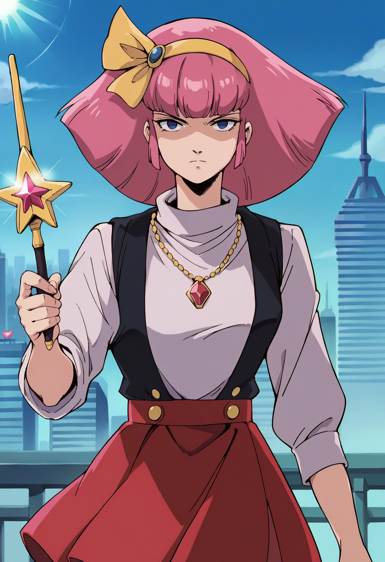 score_9, score_8_up, score_7_up, score_6_up, source_anime, <lora:HamanKarn:0.7>, HamanKarnDEF, pink hair, short hair, blue eyes, empty eyes, blunt bangs, aged up, 
<lora:Minky_Momo:0.7>, hairband, jewelry, holding wand, wand, necklace, pendant, turtleneck, skirt, momo, red skirt, 
shaded face, looking at viewer, serious, 
BREAK, cityscape, blue sky, sunlight,