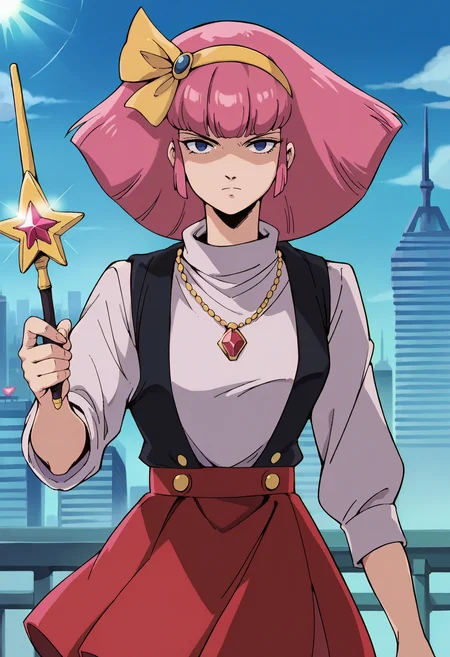 score_9, score_8_up, score_7_up, score_6_up, source_anime, <lora:HamanKarn:0.7>, HamanKarnDEF, pink hair, short hair, blue eyes, empty eyes, blunt bangs, aged up, 
<lora:Minky_Momo:0.7>, hairband, jewelry, holding wand, wand, necklace, pendant, turtleneck, skirt, momo, red skirt, 
shaded face, looking at viewer, serious, 
BREAK, cityscape, blue sky, sunlight,