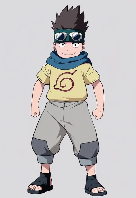 best quality, amazing quality, very aesthetic, absurdres,
1boy, konohamaru, spiked hair, black eyes, brown hair,
scarf, goggles on head, yellow shirt, grey pants, sandals, short sleeves,
standing,
smile, looking at viewer, solo, simple background, white background, <lora:KonohamaruNoobXL_byKonan:1>