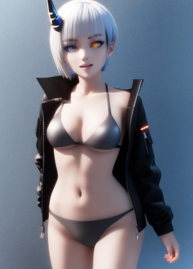 <lora:Ataru:1>, Ataru, 1girl, yellow eyes, heterochromia, glowing, solo, pale skin, short hair, single horn, horns, navel, breasts, white background, simple background, long hair, jacket, grey hair, open mouth, medium breasts, seductive smile, tight bikini, public bath,  presenting vagina, (((3d, cgi)))