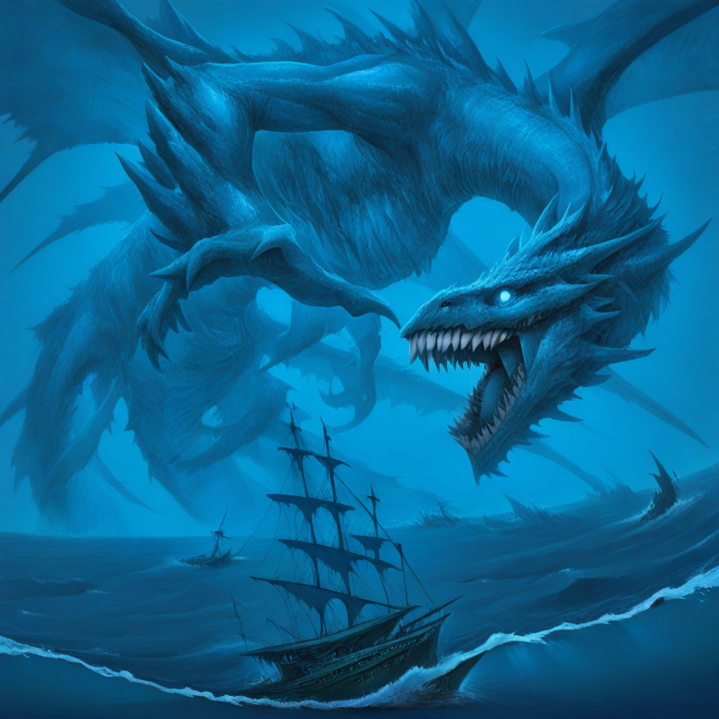 masterpiece, best quality, newest, absurdres, highres, AQDRV1.0, dragon, ocean, blue theme, wings, teeth, sharp teeth, monster, giant, sea, ship, battle,
