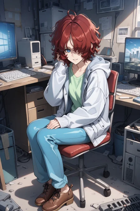 score_max, (score_9, score_8_up, score_7_up:1.2), score_6_up, official art, source_anime,
, masterpiece, absurdres, high detail, 8k,
indoors, concrete room, table, pc, monitor, keyboard \(computer\), folding chair,
sitting, elbow rest, light smile, parted lips,, looking at viewer,
ami, hair over one eye, messy hair, gray jacket, open jacket, hooded jacket. sleeves past wrists, green shirt, blue pants, brown shoes
<lora:XL_Pony_anime-lupin5-ami-t2:1.2>