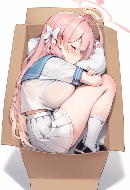 score_7_up, source_anime, uncensored BREAK
 <lora:full_encasement:1> in container, fetal position, cardboard box, sleeping, closed eyes <lora:hanako_blue archive_PONY_last:1> hanako-default, || hanako \(blue archive\),large breasts,green eyes, pink hair,long hair,braid,ahoge,halo,school uniform,sailor collar,white pleated skirt, kneehighs,mary janes