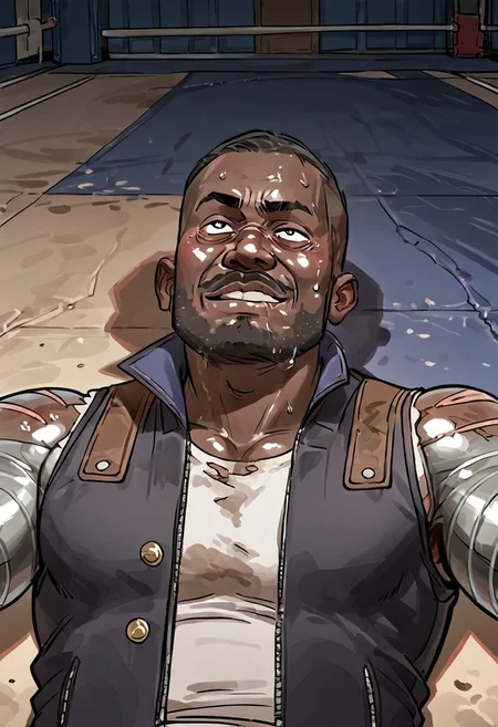 (perfect face:1.4), 1 male, high quality, high detail, perfect eyes, (close up:1.3), (light particles:0.6), masterpiece, (indoors:1.5), fighting stance, serious face,fighting arena, (boxing ring:1.2), blue background,
JaxBriggs, (dark-skinned male:1.8), metal arms, beard, vest, male, muscular male, (upper body shot:1.5), (upper body portrait:1.5), fighter shot, (high angle:1.5), (on the ground:1.5), sweat, (passed out on ground:1.7), (wet face:1.4), blush, saliva drooling on ground, passing out, (dizzy eyes:1.4), laying on ground, laying on back, (up close shot of face:2.2), rolled eyes, tilted head, head on side, half closed eyes, (sweat puddle:1.6), hearts, (passed out:1.7), (smile:1.1),
BREAK
(skin detail:1.3), (shadows:1.5), muscular calves,
BREAK score_9, score_8_up, score_7_up, score_6_up, source_cartoon, rating_explicit