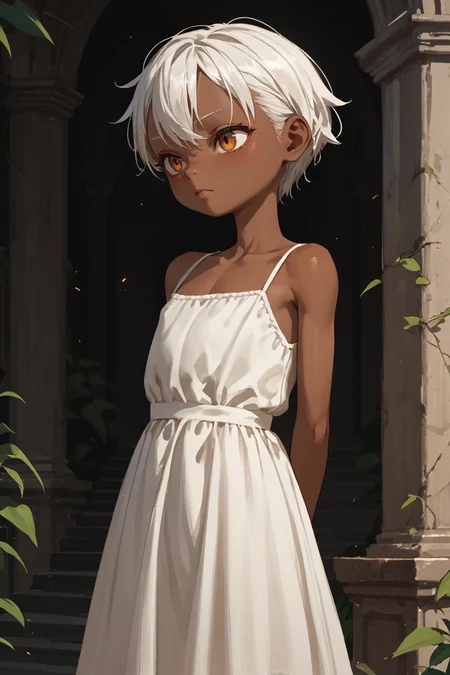 score_9,score_8_up,score_7_up,score_6_up,score_5_up,score_4_up,
1girl, solo, gotyuistyle, white hair, dark skinned female, small, petite, white dress, hands behind back,
<lora:gotyuistyle:1>
<lora:1StS_age_slider_v1_initial_release:-4>