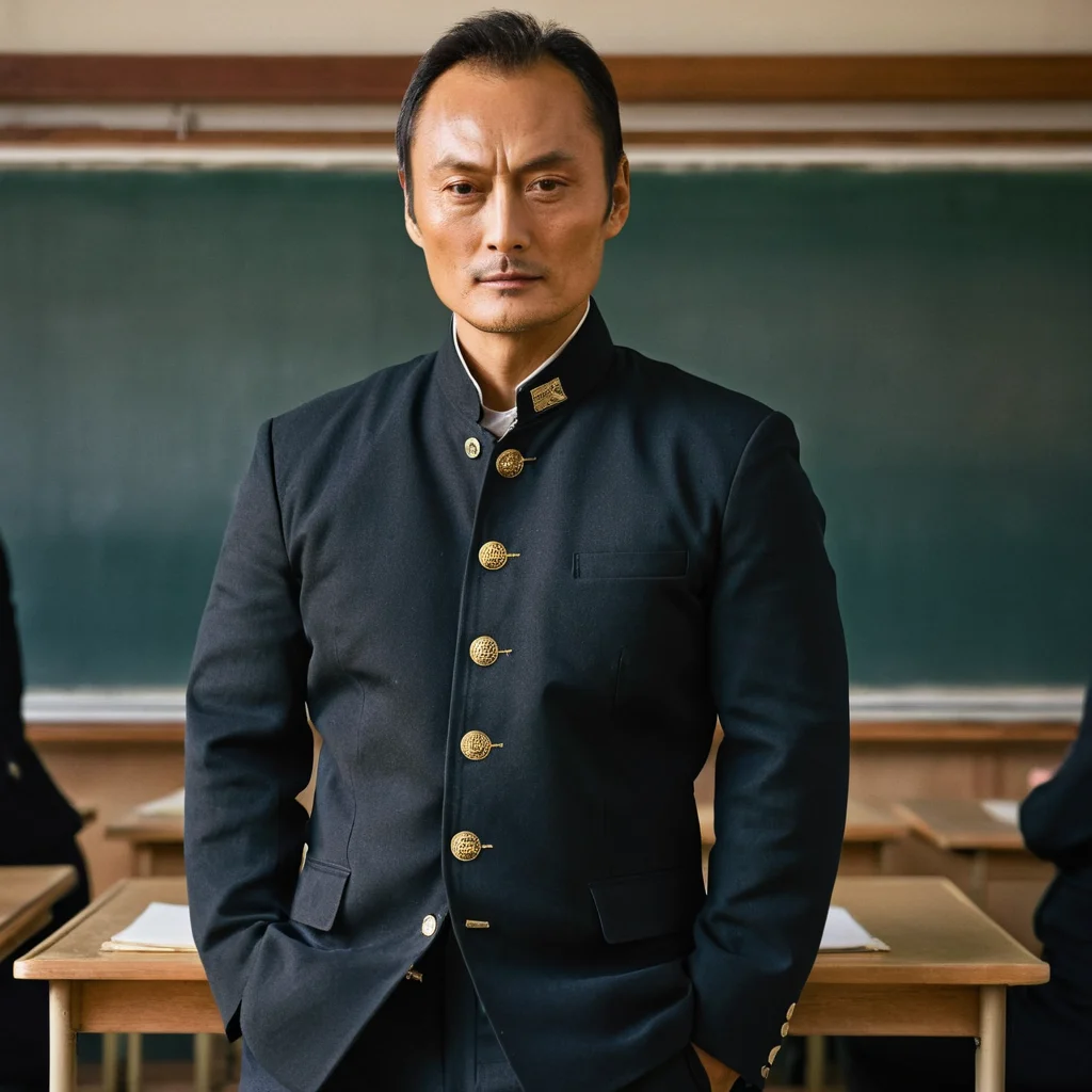 Generate a realistic portrait of a character inspired by Ken Watanabe, clad in a traditional Japanese male junior high school uniform from the early years. The character's uniform should mirror the iconic Gakuran style: a stand-up collar, jet-black color, and adorned with five metal buttons. The attire is complemented by straight-legged trousers and a classic leather school bag over the shoulder. The setting is an old-school classroom, complete with wooden desks and chalkboards, embodying the ambiance of historical Japan. The character's expression and posture should exude the dignified and poised demeanor characteristic of Ken Watanabe, blending the traditional with the essence of his esteemed persona,<lora:gakuran:0.8>