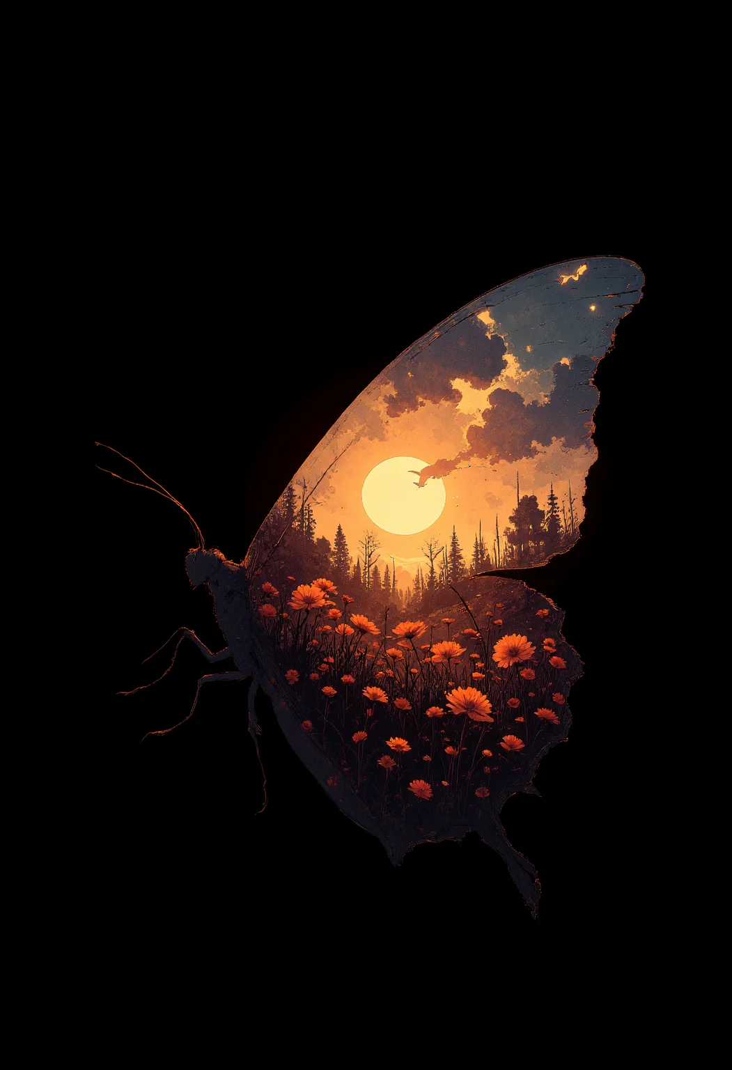A glowing side profile silhouette of a butterfly with an image of a landscape with colorful flowers and meadow inside it's silhouette, black background