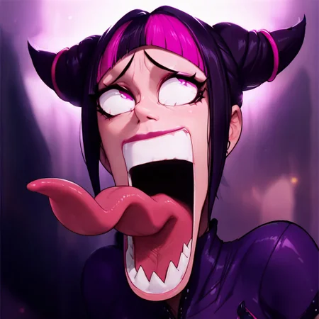 masterpiece,best quality, highly detailed, score_9, score_8_up, score_7_up, score_6_up,source_cartoon, 1girl, juri han, one_piece_funny_face, eye pop, snot, sharp teeth, eyes vein lines, open mouth, tongue out, long tongue