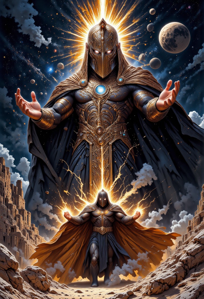 A high-quality, 8K, photorealistic close-up photo of Doctor Fate from DC Comics, wearing a golden mask and blue outfit, with a dynamic pose that showcases his magical powers. His hands are aglow with pulsating golden energy, and a golden cape flows behind him. His eyes glow with an inner light.
In the background, a colossal magical Ankh towers above the sandy dunes of an ancient desert with a magical glow that emanates from a dark starry sky, filled with cosmic elements like stars, planets, and galaxies, <lora:WatercolorExposure-000007:1>,
with a subtle fog and a faint, glowing, creating an epic, majestic, and ethereal atmosphere. The image is a masterpiece of fantasy art, perfect for a cover art, with a dreamy and painterly quality.
mythp0rt, DB4RZ, DB4RZ style painting, Jedwtrexp, watercolor,