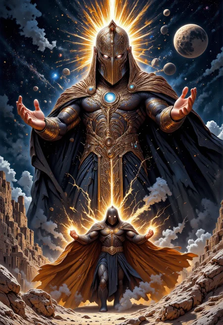 A high-quality, 8K, photorealistic close-up photo of Doctor Fate from DC Comics, wearing a golden mask and blue outfit, with a dynamic pose that showcases his magical powers. His hands are aglow with pulsating golden energy, and a golden cape flows behind him. His eyes glow with an inner light.
In the background, a colossal magical Ankh towers above the sandy dunes of an ancient desert with a magical glow that emanates from a dark starry sky, filled with cosmic elements like stars, planets, and galaxies, <lora:WatercolorExposure-000007:1>,
with a subtle fog and a faint, glowing, creating an epic, majestic, and ethereal atmosphere. The image is a masterpiece of fantasy art, perfect for a cover art, with a dreamy and painterly quality.
mythp0rt, DB4RZ, DB4RZ style painting, Jedwtrexp, watercolor,