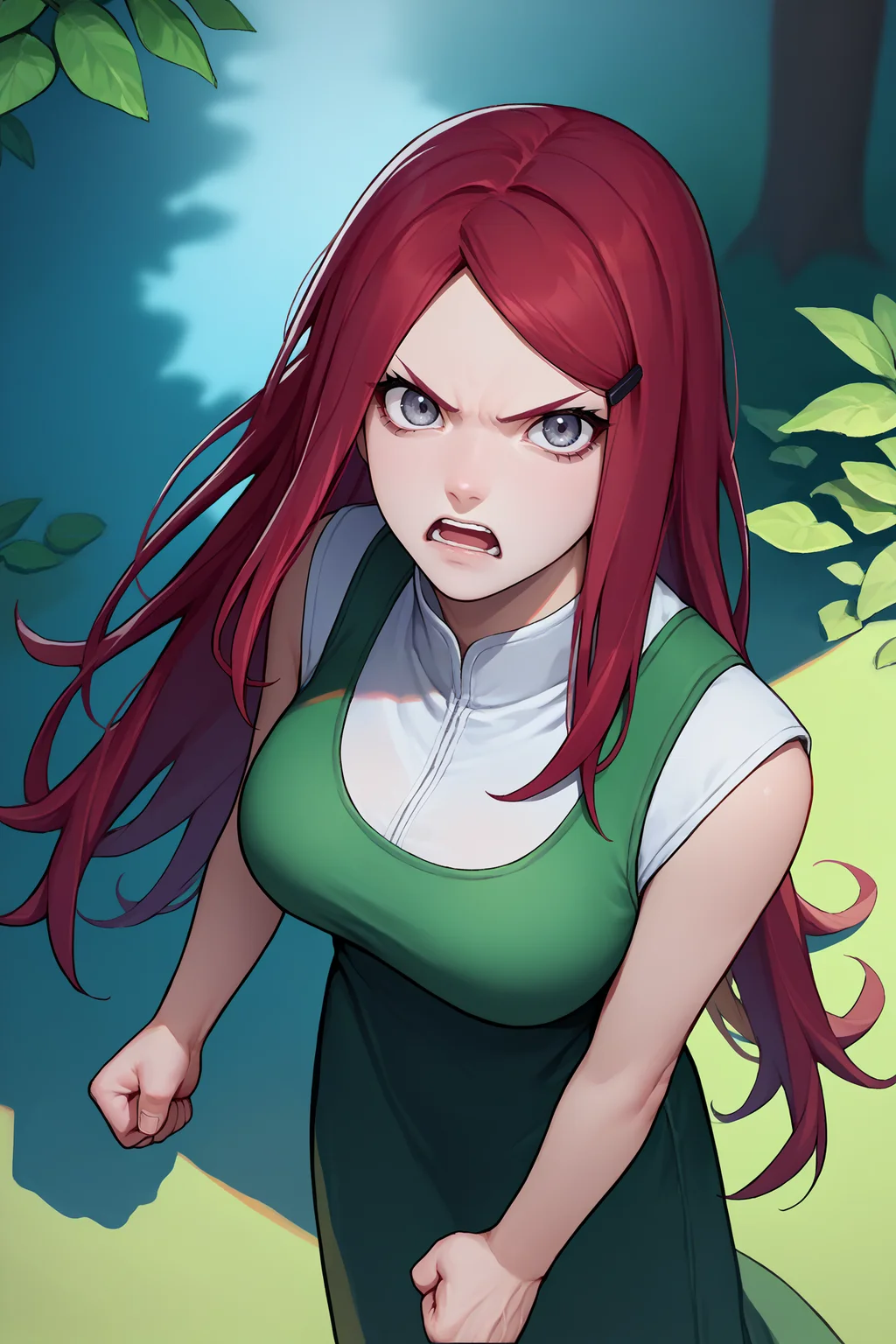 score_9, score_8_up, score_7_up, score_6_up, source_anime, 1girl, solo, <lora:kushina-pdxl-nvwls-v1-000004:1> kshna, red hair, long hair, grey eyes, hairclip, white shirt, green dress, sleeveless, long dress, closed eyes, big breasts, serious, clenched hands, open mouth, from above, forest, looking at you