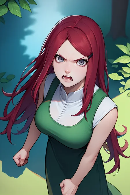 score_9, score_8_up, score_7_up, score_6_up, source_anime, 1girl, solo, <lora:kushina-pdxl-nvwls-v1-000004:1> kshna, red hair, long hair, grey eyes, hairclip, white shirt, green dress, sleeveless, long dress, closed eyes, big breasts, serious, clenched hands, open mouth, from above, forest, looking at you