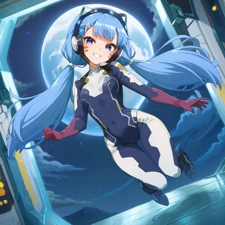 score_9, score_8_up, score_7_up, best quality, official art, concept art, zPDXL3, anime screencap, source_anime, 8k, absurdres, beautiful, stunning, cutest girl in the world, 1girl, solo, straight on, facing viewer, looking at viewer, leaning backward, floating:1.2, <lora:hinaMaybeBetterPoseXL_v4-rev9:1.5>, full body, short stature, uncropped, <lora:merunyaa_style_ponyxl_v1_unet:1>, merustyle, by merunyaa, BREAK
<lora:hermit-mio-s1-ponyxl-lora-nochekaiser:1>, hermit mio, long hair, blue eyes, twintails, very long hair, blue hair, facial mark, headphones, gloves, bodysuit, covered navel, pilot suit, smile, cute smile, BREAK
<lora:Space_ship_concept:1>, sp4cecraft, spacecraft_interior, detailed background, night, evening, midnight, full moon, <lora:BackgroundDetailerV3:0.5>, <lora:Expressive_H:1>, Expressiveh, <lora:add_details_xl:1>