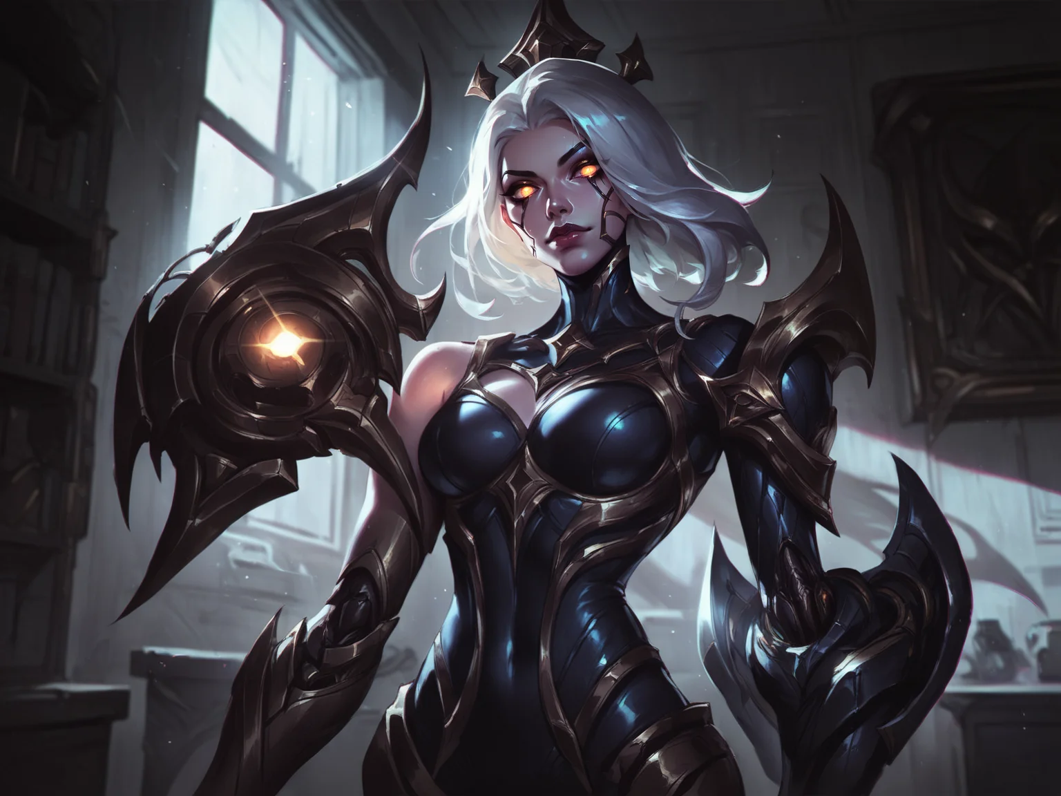 league of legends style, camille \(league of legends\), 1girl, cyborg, mechanical legs, bodysuit, white hair, standing, indoors, room, looking at viewer, upper body, solo, <lora:LeagueOfLegendsV4:0.8>, score_8_up, score_7_up