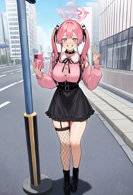 best quality, amazing quality, very aesthetic, full body, <lora:Tetto:1>, solo, 1girl, blue archive, mimori \(blue archive\), pink halo, pink hair, long hair, alternate hairstyle, twintails, blue eyes, heart-shaped pupils, large breasts, thick thighs, alternate costume, (skull hair ornament), cross earrings, belt collar, jirai kei, pink dress, puffy long sleeves, frilled dress, frills, black ribbon, neck ribbon, frilled collar, white collar, high-waist skirt, suspender skirt, suspenders, black skirt, frilled skirt, (asymmetrical legwear, uneven legwear, striped legwear, fishnet legwear), skindentation, garter straps, black boots, ankle boots, platform boots, pink smartphone, cellphone, standing, looking at viewer, smile, teeth, blush, v, holding phone, city, sidewalk, road, buildings, bus stop, bus stop sign, outdoors, <lora:ChamIllustriousBackgroundEnhancer:1>