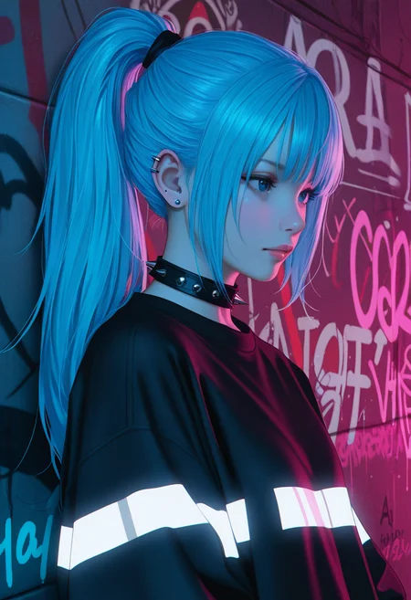 (hypersexualized, erotic, suggestive, intimate, provocative), 1girl, (detailed eyes), (pretty face), (detailed face), photo-realistic, realistic skin, realistic textures, detailed skin, photorealistic, ultrarealistic, 8k, A digital illustration shoot from a profile camera angle about a  woman with blue hair styled in a ponytail, wearing a black shirt with white stripes, standing against a graffiti-covered wall in an urban setting. the image also shows vibrant colors and a moody atmosphere. on the middle of the image, a 20 years old woman appears to be looking at the viewer with a serious expression. she has blue hair tied in a high ponytail and blue eyes. her hair is styled in long hair and she has a slim body. she wears a black choker with silver studs around her neck. the woman is standing in front of a graffiti covered wall with pink and blue tones, giving the image a vibrant and moody feel. 1girl, solo, ponytail, blue hair, jewelry, earrings, blue eyes, long hair, shirt, upper body, collar, spikes, rating:general, graffiti, choker, spiked collar, ear piercing, rating:sensitive, black shirt, closed mouth, nose, from side, stud earrings, piercing, score_9, score_8_up, score_7_up