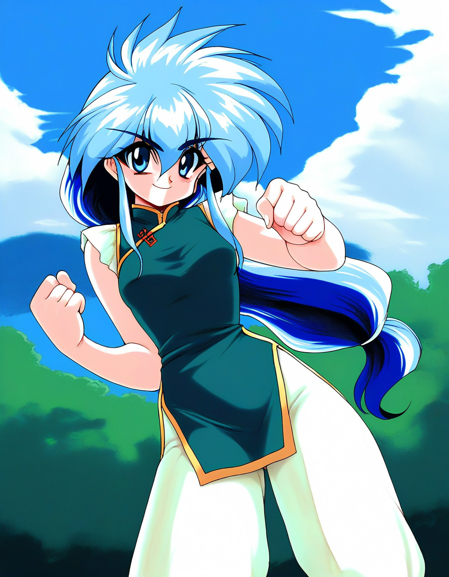 score_9, score_8_up, score_7_up, source_anime, rating_explicit, BREAK  <lora:Ryuho_QOD_XL:1> Ryuho_QOD, light blue hair,  blue eyes,  long hair, small breasts,  two-tone hair,  1990s \(style\), low ponytail,
Ryuho_QOD, 1girl, solo, retro artstyle, clenched hand, 1990s (style), chinese clothes, green China dress, looking at viewer, white long pants,
outdoor, sky,
smile,
looking at viewer, 
cowboyShot,