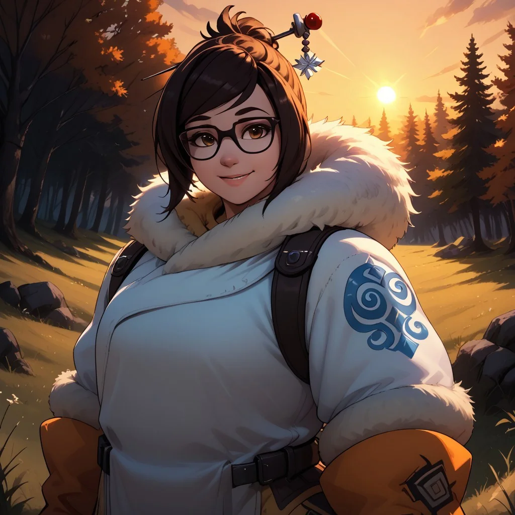 score_9, score_8, BREAK, solo, Mei, glasses, hair ornament, plump, winter coat, fur coat, trimmed coat, footwear, sexy pose, self portrait, smile, outdoors, sunlight, shadows, evening lighting, natural lighting, forest, trees, grass, orange sky, sunset