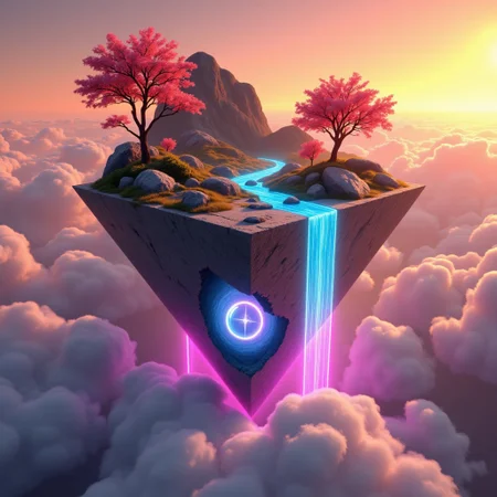 M1CR0CUB3D, aidmafluxpro1.1, A cubed floating island suspended above the clouds, with floating boulders, zero-grav waterfalls flowing upward, and crystalline trees defying physics. Below, hidden anti-grav turbines rotate in a clean energy chamber. Color palette: sunset hues with neon accents. Style: surreal futuristic, gravity-defying architecture, lens-flared lighting.