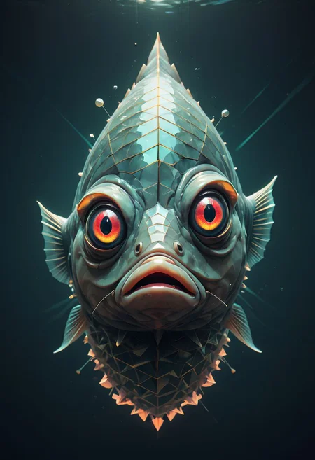 Surreal fish, glowing eyes, glitchcore, double exposure, poster style, geometric, triangles, glitchy, eerie, lights, occult, dark, fish fish fish