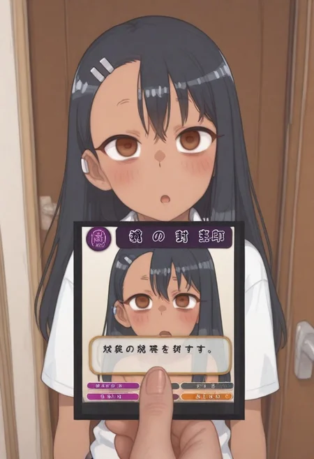 1girl, 
incrd, trading card, card, holding card, pov, id photo, card game,  card \(medium\), mind control, empty eyes, 1girl, nagatoro hayase, brown eyes, dark-skinned female, tan, black hair, hairclip, earclip, hair ornament, long hair, house porch, door frame, open door. artist:moriimee, possmach.